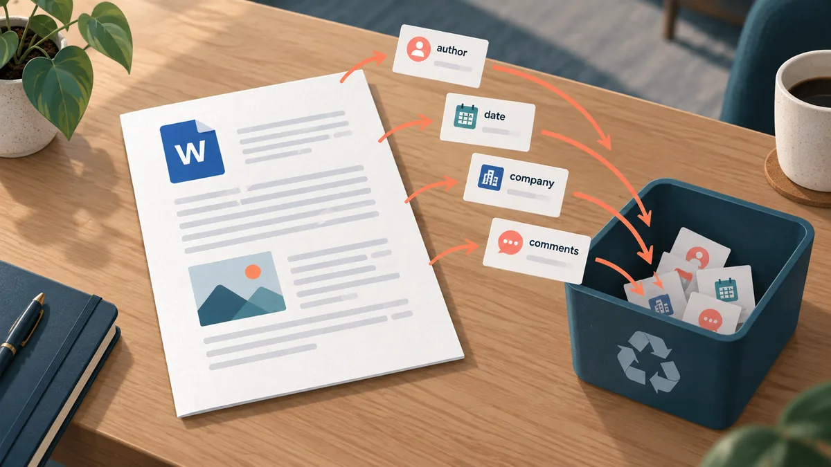 A Word document with author, date, company, and comments metadata tags moving into a recycle tray