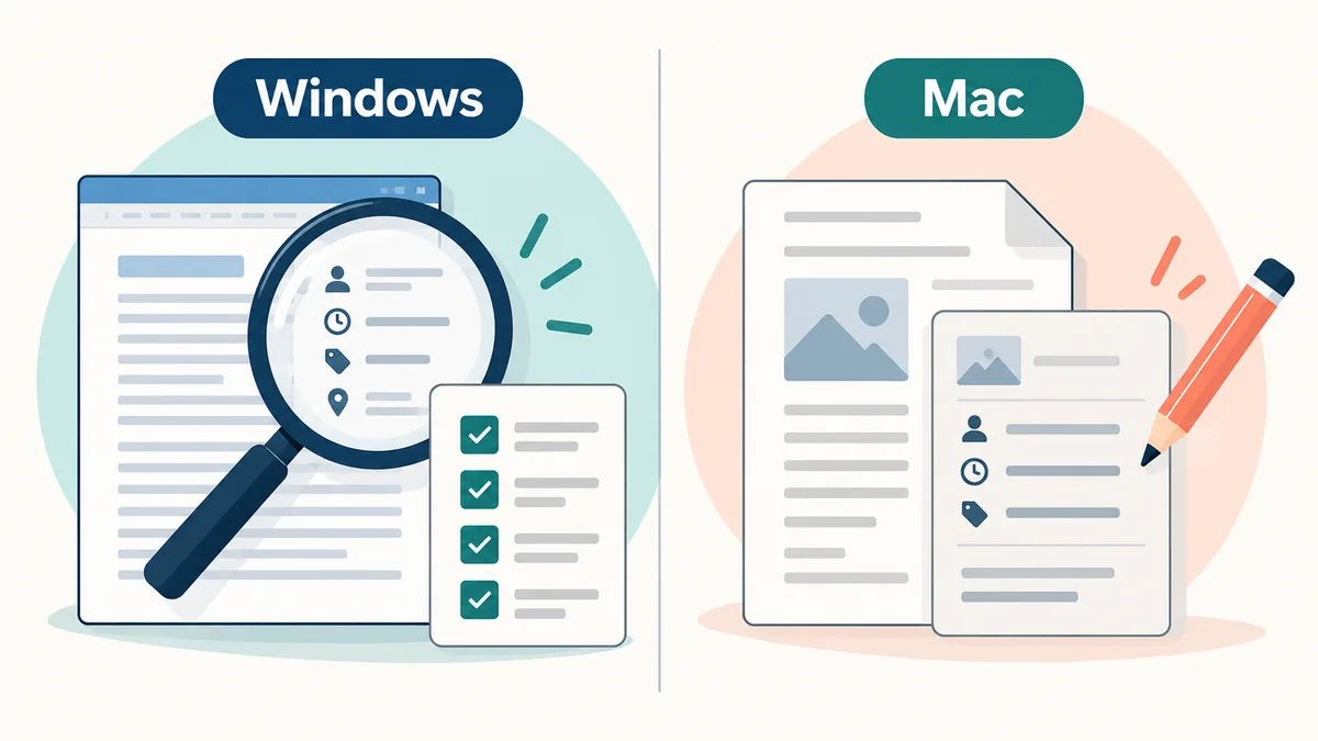 Comparison illustration showing a Windows Document Inspector path and a Mac manual properties review